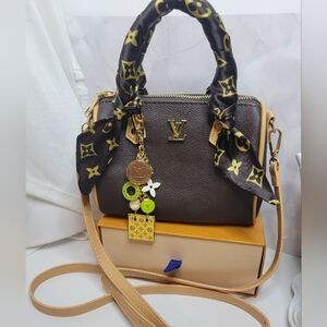 Small Speedy Bag/crossbody, Brown Vegan Textured Leather, Embelished 7"x5"x4"